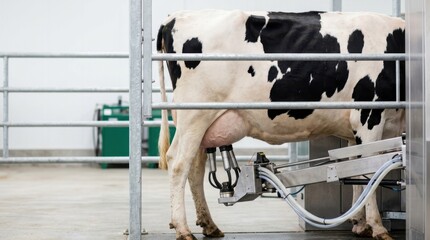 Fototapeta premium Automated robotic milking system on dairy farm. Cow udders with automatic milking machine cups attached in stall