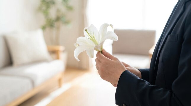 Hands in black suit holding white lily flower. Sympathy and funeral service concept with copy space