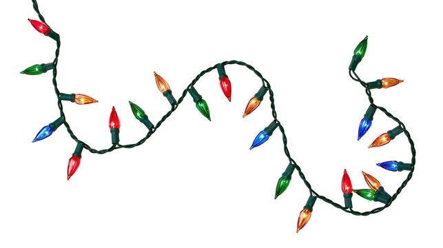 Colorful Christmas lights string festive decoration, isolated on transparent background