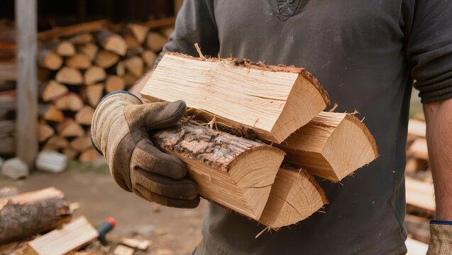 A person in protective work gloves carrying a bunch of split logs outdoors to prepare solid fuel supplies for home heating during the cold winter season