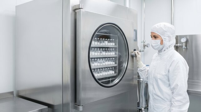 Technician operating a pharmaceutical freeze dryer. Lyophilization process of glass vials in a sterile cleanroom facility