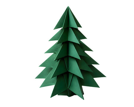 Origami Pine Tree Folded from Deep Green Paper on Transparent Background