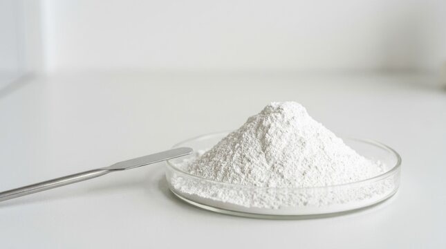 Heap of white titanium dioxide powder in a glass petri dish. Chemical pigment sample with metal spatula on laboratory table