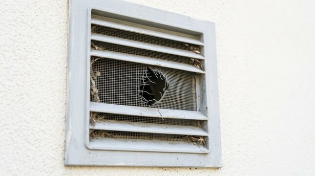 Damaged ventilation screen with a torn hole in the mesh. Close up of broken grey exterior wall vent grille needing repair