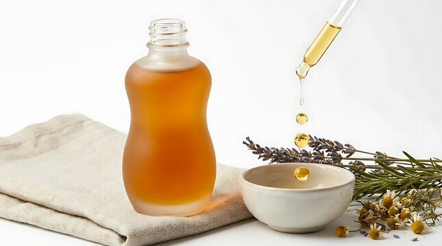Essential oil in a glass bottle with a dropper and fresh lavender flowers for spa and skin care. thickening hair oile