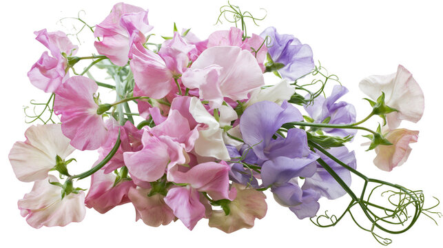 Bouquet of Lathyrus odoratus sweet pea flowers in pastel pink and lavender, isolated on transparent background