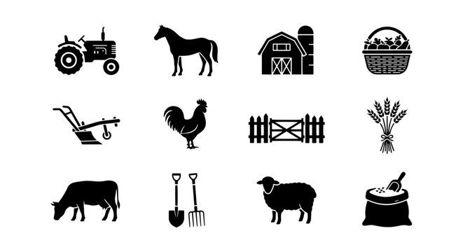 Farm Icons Set, Rural Agriculture Vector Graphics, Countryside Livestock and Equipment Symbols