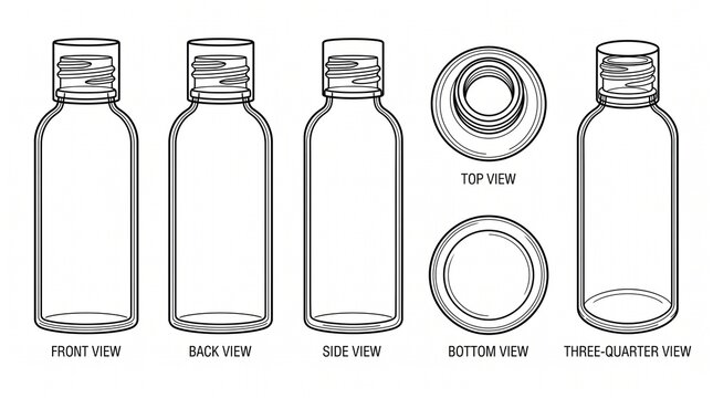 Small Bottle Technical Line Drawing Mockup with Multiple Views