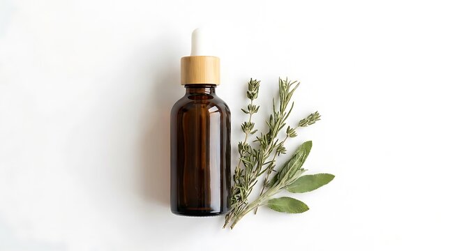 Brown glass dropper bottle with fresh green herbs for natural essential oil and organic skincare. thickening hair oile