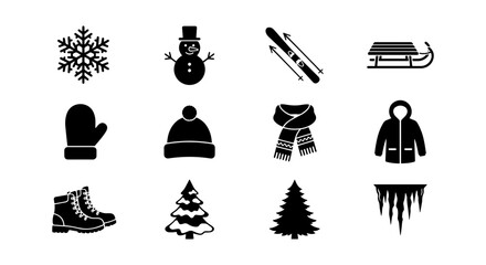 Fototapeta premium Winter Icons Set, Snowman, Snowflake, Skiing, Sled, Warm Clothing, Christmas Tree, Icicles