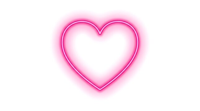 Vibrant pink neon heart outline glowing brightly on a pristine white background, a captivating symbol of love, passion, and modern romance with a striking digital aesthetic