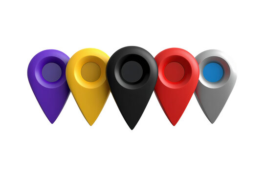 Row of five colorful map location pins isolated