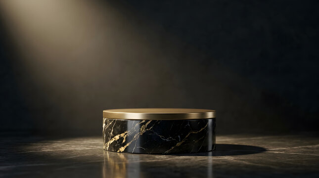 Luxury black marble cylinder pedestal with gold rim for product mockup