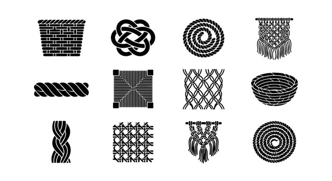 Woven Texture Patterns, Macrame Designs, Rope Knots, Basket Weaving Vector Icons