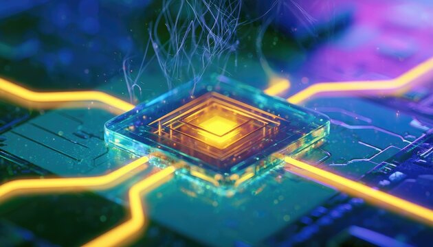 Glowing translucent processor with energy streams on circuit board