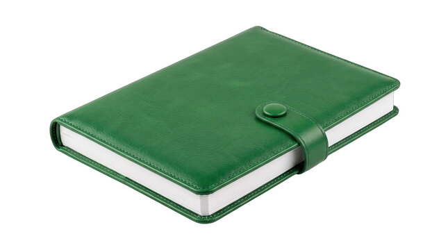 Closed green leather notebook with a button strap isolated on transparent background