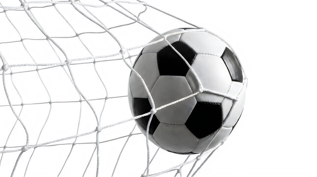 A soccer ball hitting the back of a goal net isolated on transparent background