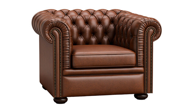 Brown leather chesterfield armchair with button tufting, isolated on transparent background