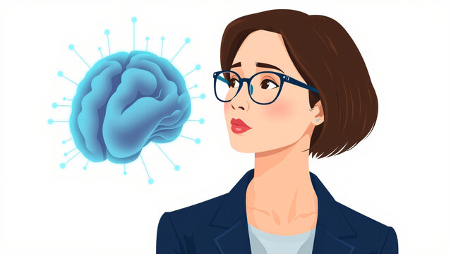 flat vector illustration, upper body portrait of a young female software developer with brown hair and glasses, wearing a dark blue blazer, looking thoughtfully at a floating glowing cyan AI brain cir