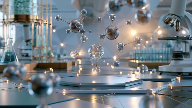 Science laboratory scene with floating molecules, microscope, and glassware in modern setting