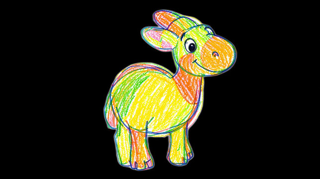 Cute cartoon Parasaurolophus hand-drawn crayon illustration loose sketchy outlines colorful wax