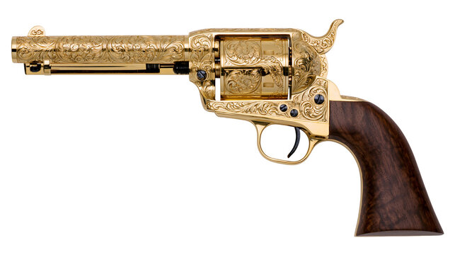 Ornate gold engraved revolver with dark wood grip, isolated on transparent background