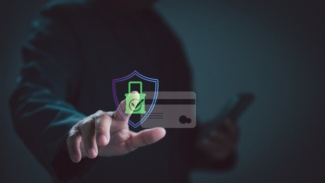 Person touches digital security shield credit card icon protecting financial transaction system cybersecurity privacy encryption network monitoring server database access control login authentication.