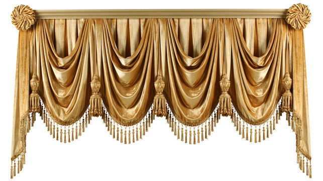 Luxurious golden velvet swag valance with ornate tassels and fringe, isolated on transparent background