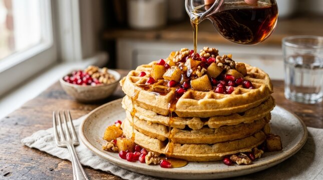 Delicious stack of golden waffles drizzled with syrup and topped with fresh fruit and nuts, a delightful breakfast treat.
