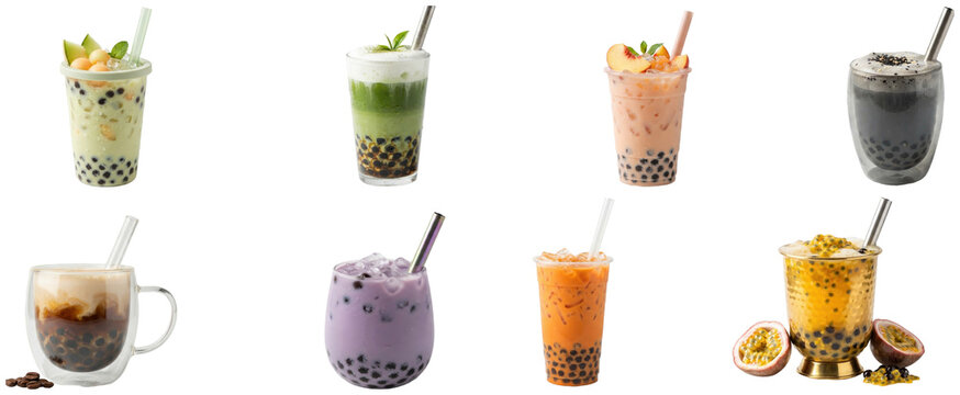 A colorful collection of assorted bubble tea drinks with tapioca pearls, ice, and fruit or dessert-inspired flavors.