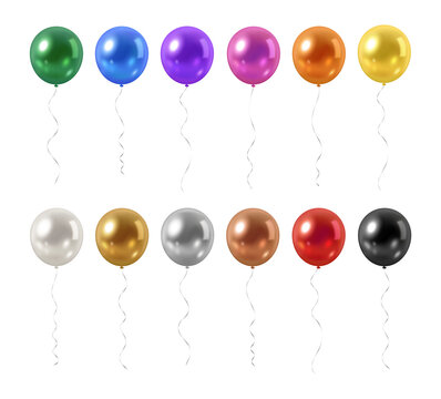 Collection of realistic metallic colorful, gold, silver, copper, white and black helium party balloons on transparent background