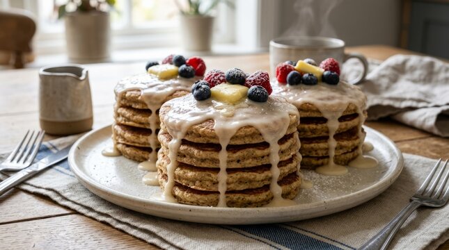 Delicious stack of homemade pancakes topped with fresh berries and butter, a perfect breakfast treat.