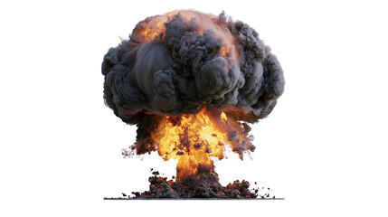 Massive mushroom cloud explosion with fiery orange flames and dark smoke, isolated on transparent background © Finn