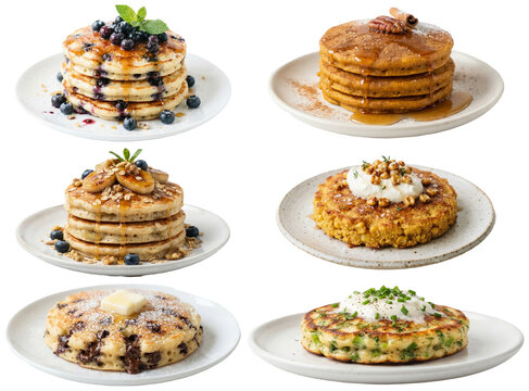 A varied collection of sweet and savory pancakes and crepes with fruits, syrups, creams, and seasonal toppings.