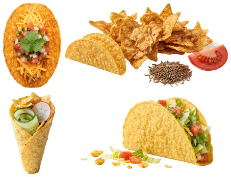 A varied set of taco shells in different styles, colors, and textures with simple garnish ingredients.