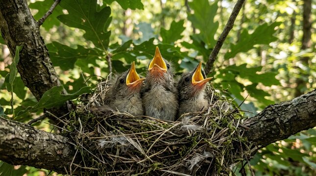 Three hungry baby birds eagerly await food in their cozy nest nestled in a leafy tree