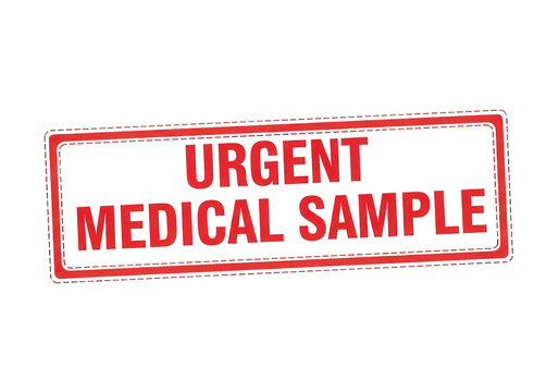 Urgent medical sample red rubber stamp, healthcare laboratory specimen label, emergency clinical diagnostic testing icon on white background