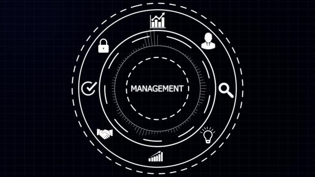 Futuristic digital interface depicting management with for growth analytics security teamwork and innovation on a dark grid background.4K animation motion graphic Video.