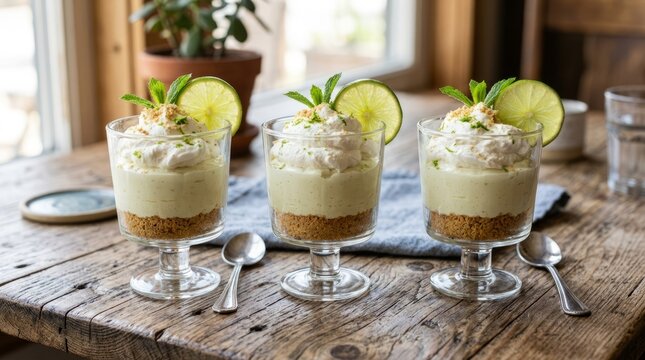 Three delicious key lime pies served in individual glasses, garnished with lime slices and mint leaves.