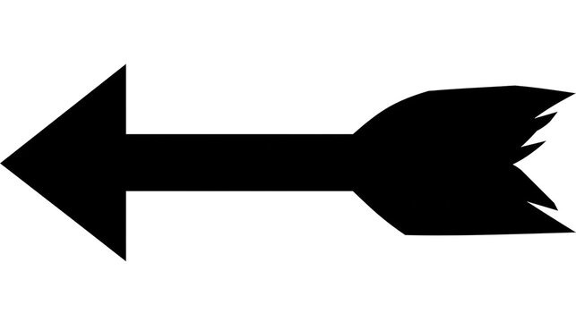 Black arrow pointing left with feathered tail, isolated on transparent background