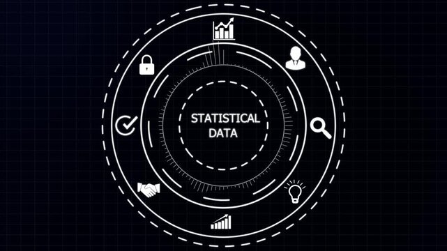 Futuristic digital interface displaying statistical data with for growth analytics security and teamwork on a dark grid background.4K animation motion graphic Video.