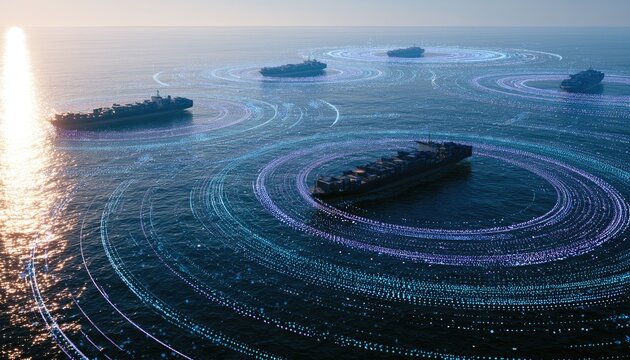 Cargo ships navigate with digital data streams on a calm, sunlit ocean