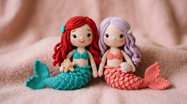 Two adorable crocheted mermaid dolls with colorful tails and shells, symbolizing friendship and fantasy.