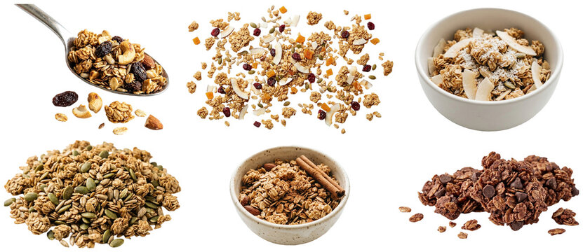 A varied collection of granola and granola snack items featuring oats, nuts, seeds, fruit, and honey in clean studio styling.