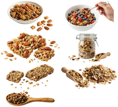A varied collection of granola and granola snack items with nuts, seeds, fruit, and honey in clean white studio styling.