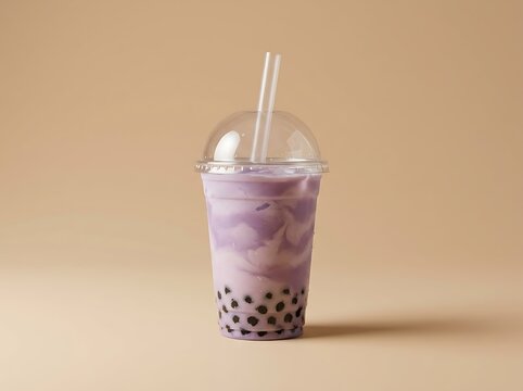 A refreshing taro boba tea beverage in a clear plastic cup with black tapioca pearls on a neutral beige background