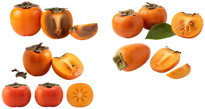 A studio collection of assorted persimmon varieties shown whole and cut to reveal their orange flesh and distinct shapes.