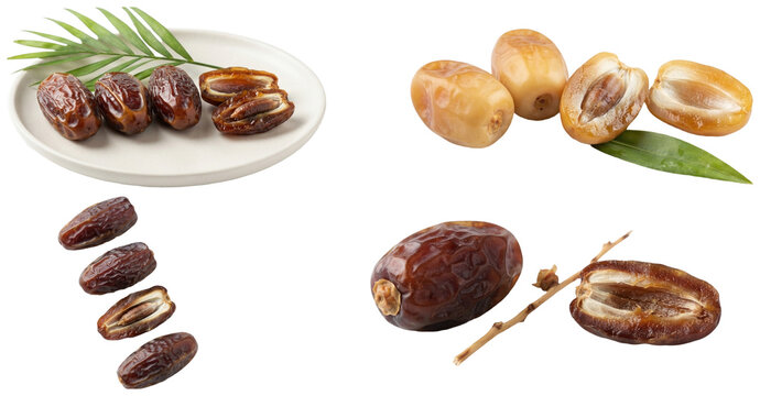 A varied collection of date fruits in different varieties, colors, and cut forms arranged as premium studio food displays.