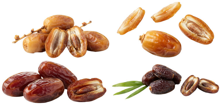 A premium assortment of date fruits in different varieties, shown whole and split to reveal colors, textures, and ripe flesh.