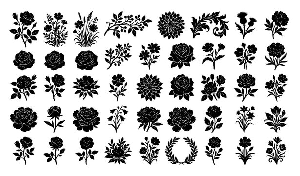Vintage Decorative Flower Silhouette Collection with Ornamental Rose Vector Bundle